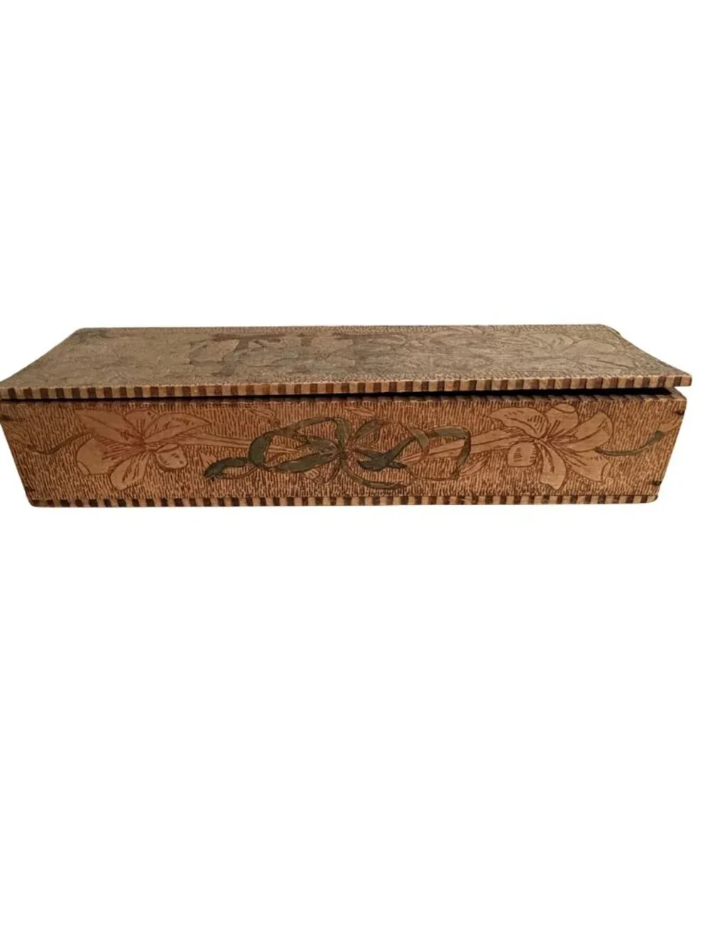Antique c1900 Flemish Art Pyrography TIES Necktie Box Wood Burned Floral 11